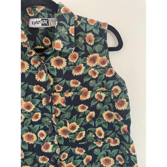 Vintage Krazy Kat 90s Women's Button Up Sunflower Tank Top Sz L - Picture 2 of 5